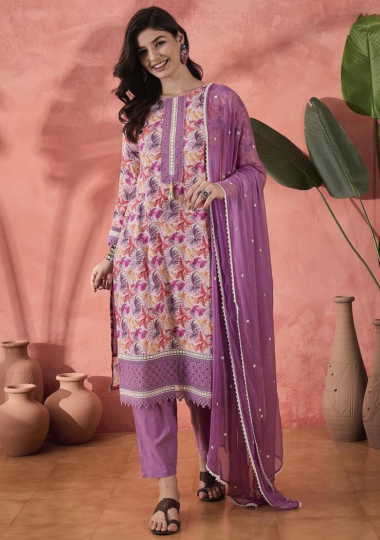 Purple Printed Blended Kurta Set - Indya