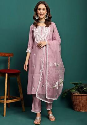 Mauve Embroidered Blended Kurta Set