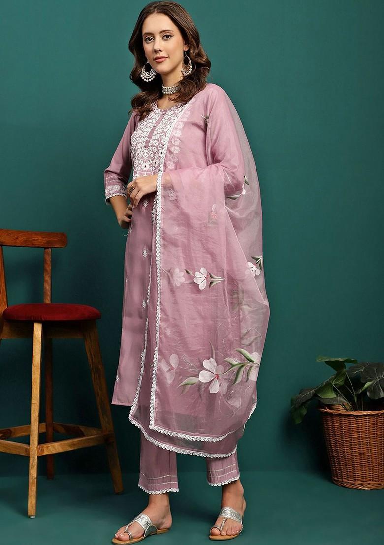 Mauve Embroidered Blended Kurta Set - Indya