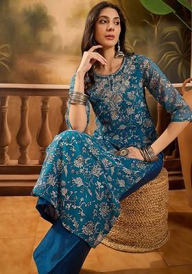 Teal Printed Blended Kurta Set