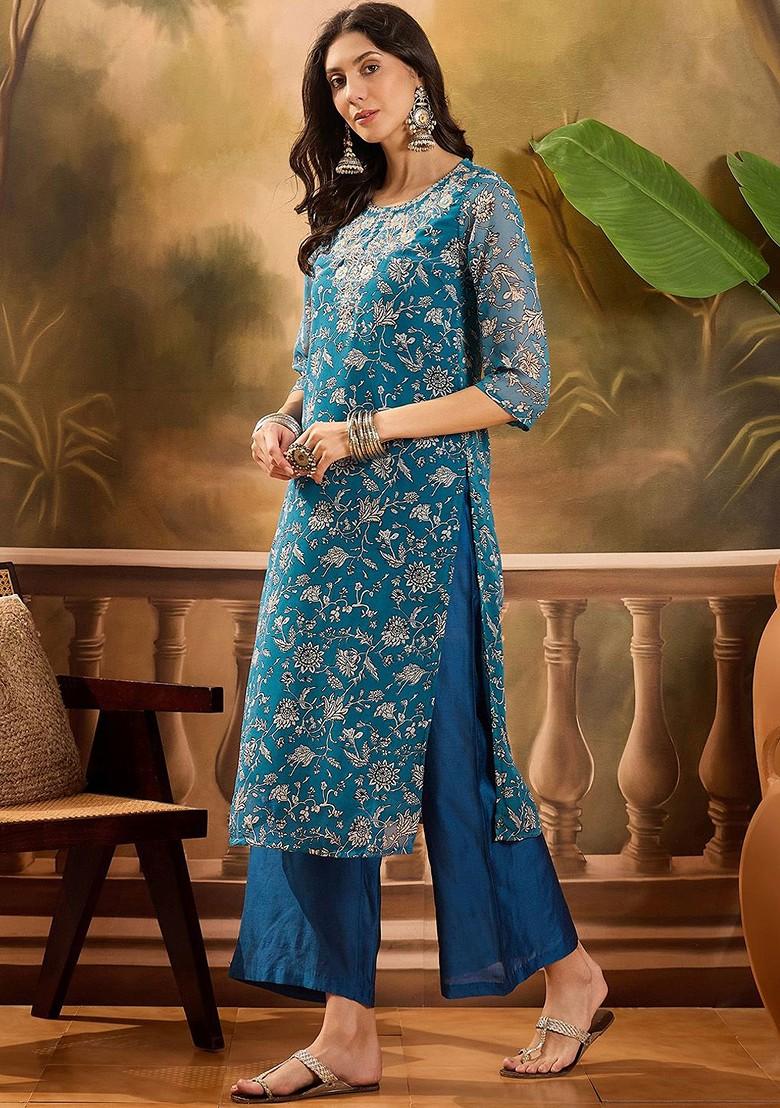 Teal Printed Blended Kurta Set - Indya