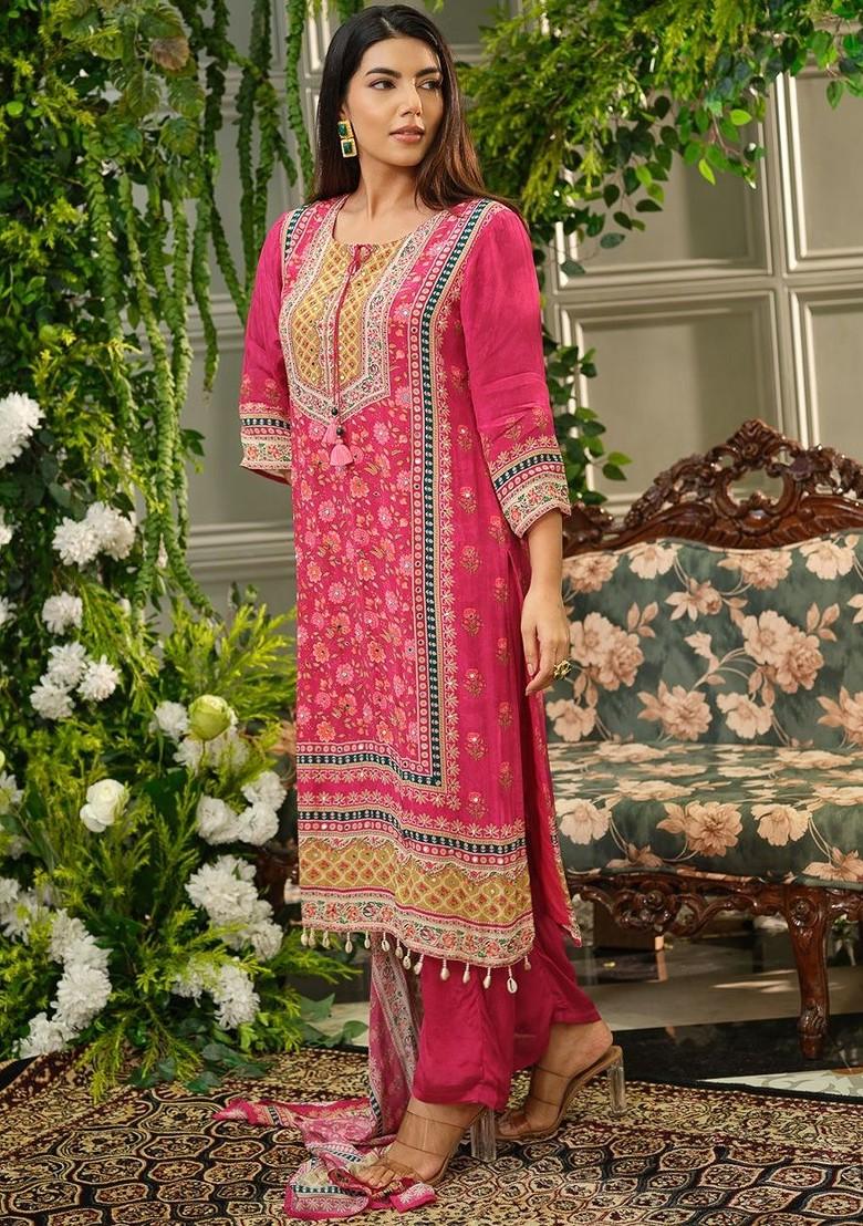 Pink Printed Blended Kurta Set - Indya