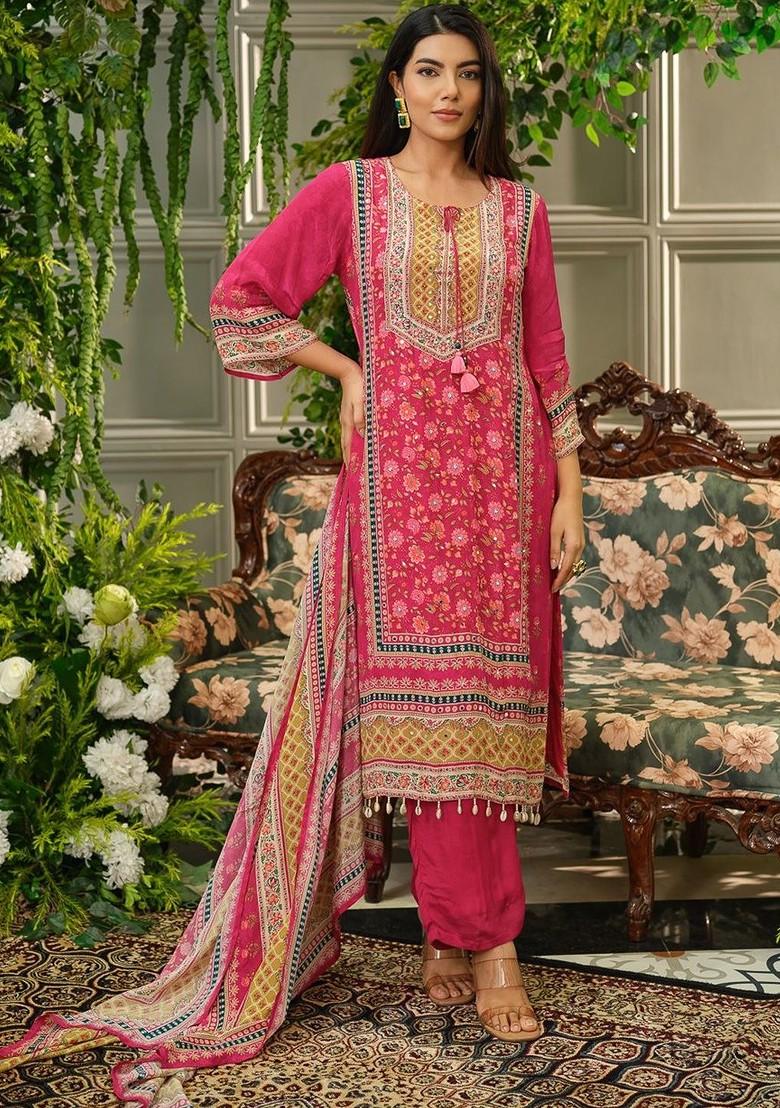Pink Printed Blended Kurta Set - Indya