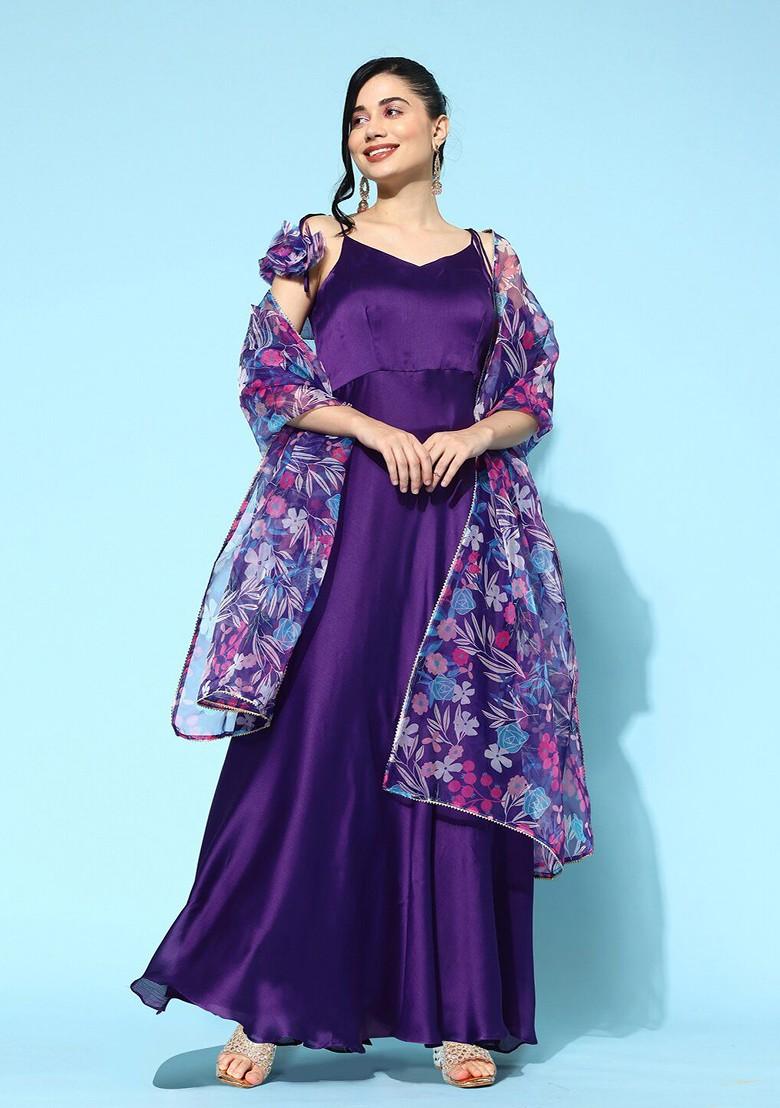 Purple Printed Blended Kurta Set - Indya