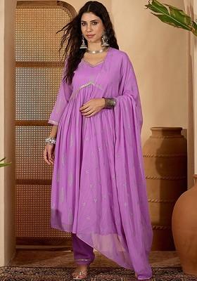 Purple Printed Blended Kurta Set