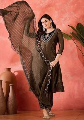 Brown Sequinned Blended Kurta Set