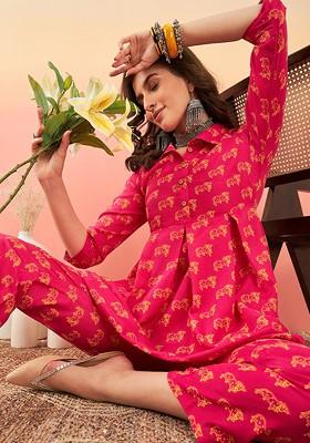 Red Printed Blended Kurta Set