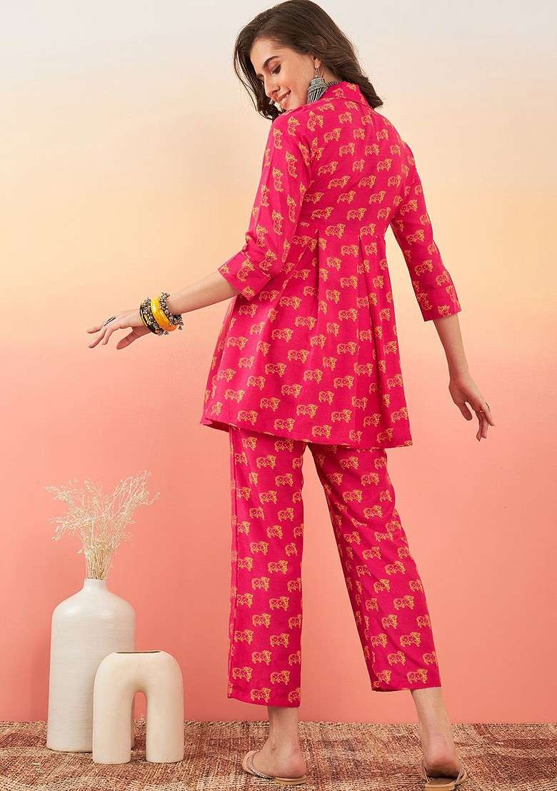 Red Printed Blended Kurta Set - Indya