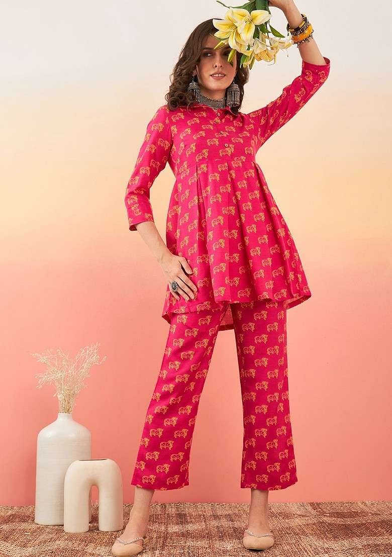 Red Printed Blended Kurta Set - Indya