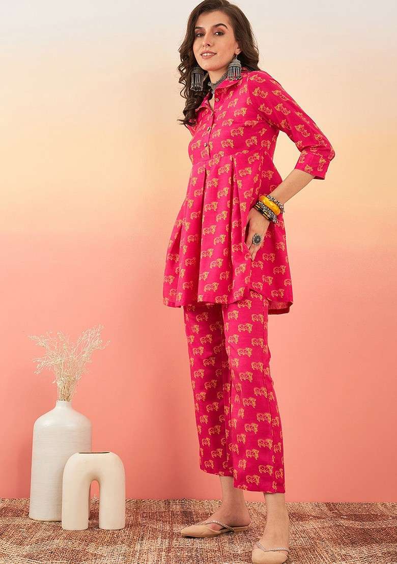 Red Printed Blended Kurta Set - Indya