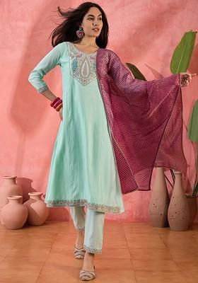 Sea Green Embroidered Blended Kurta Set