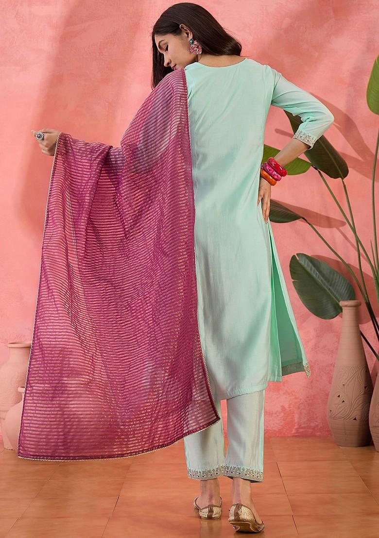 Sea Green Embroidered Blended Kurta Set - Indya