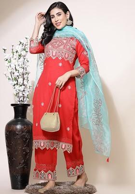 Red Embroidered Blended Kurta Set