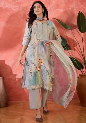 Grey Embroidered Blended Kurta Set