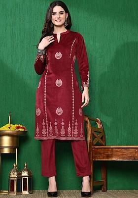 Maroon Printed Blended Kurta Set