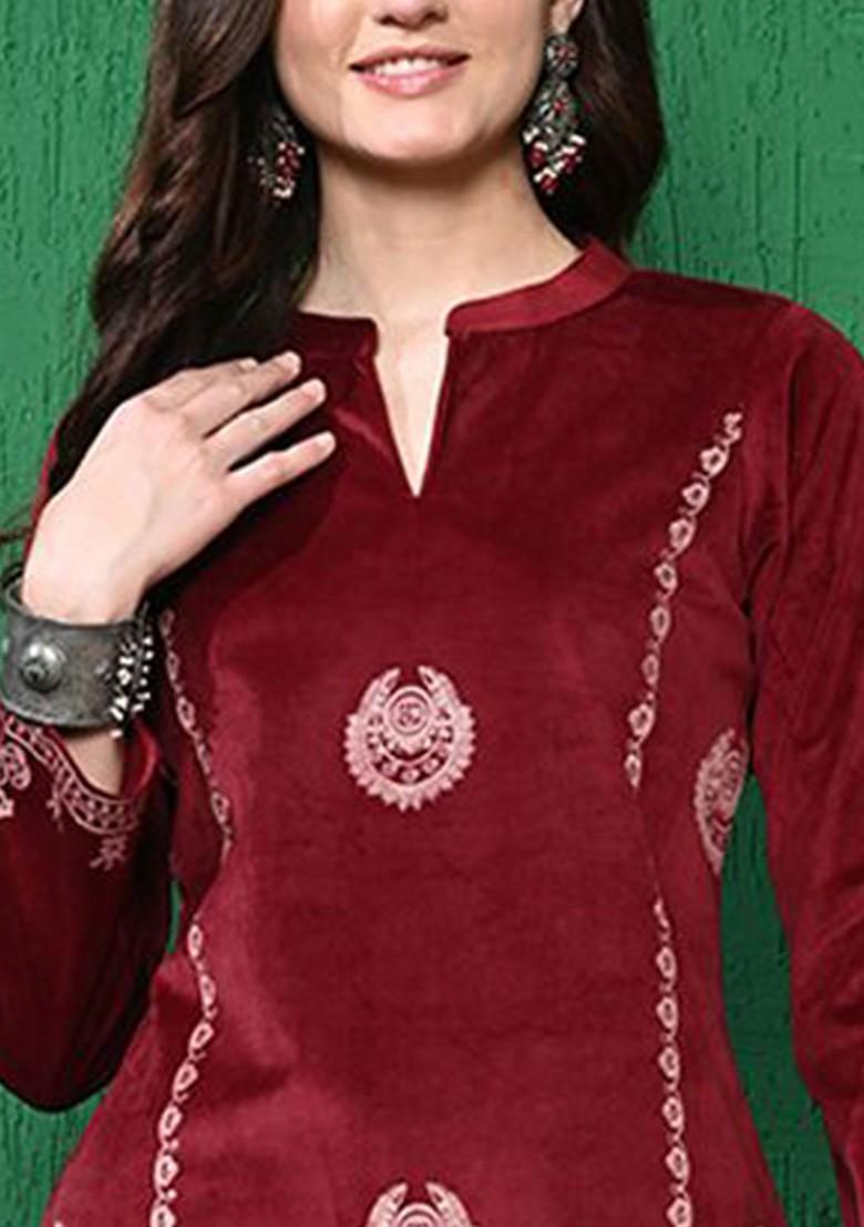 Maroon Printed Blended Kurta Set - Indya
