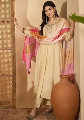 Cream Embroidered Blended Kurta Set