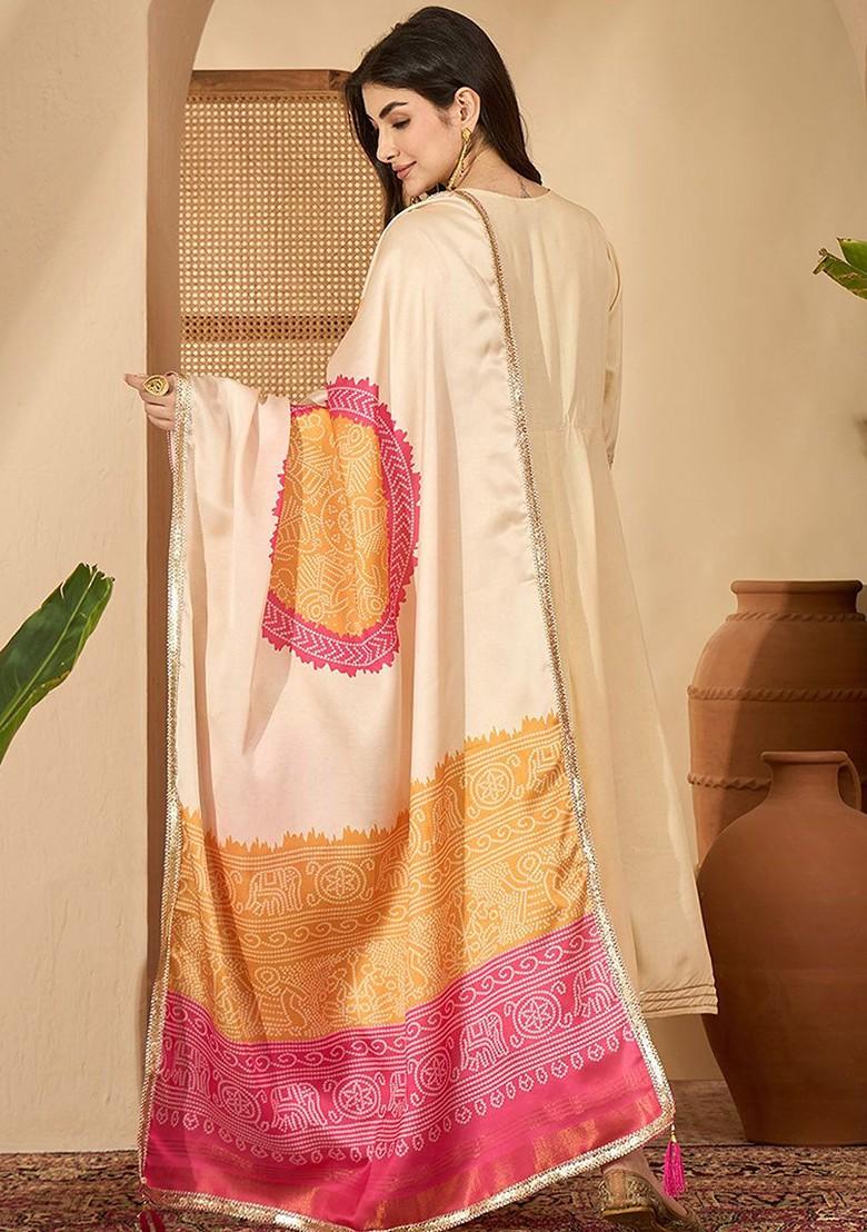 Cream Embroidered Blended Kurta Set - Indya