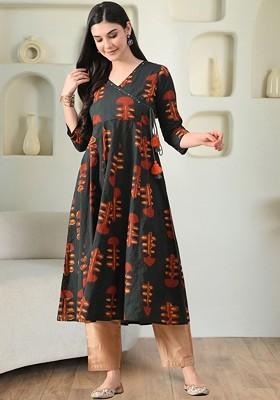 Green Printed Blended Kurta Set