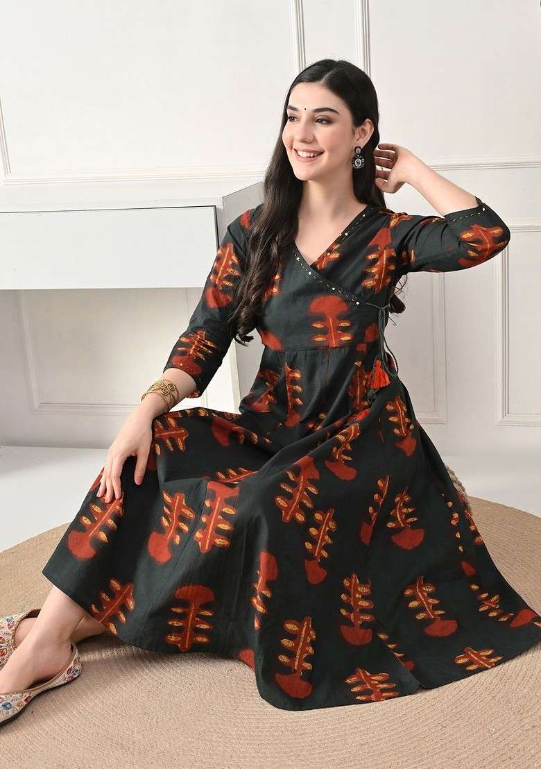 Green Printed Blended Kurta Set - Indya