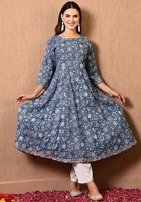 Blue Printed Blended Kurta Set
