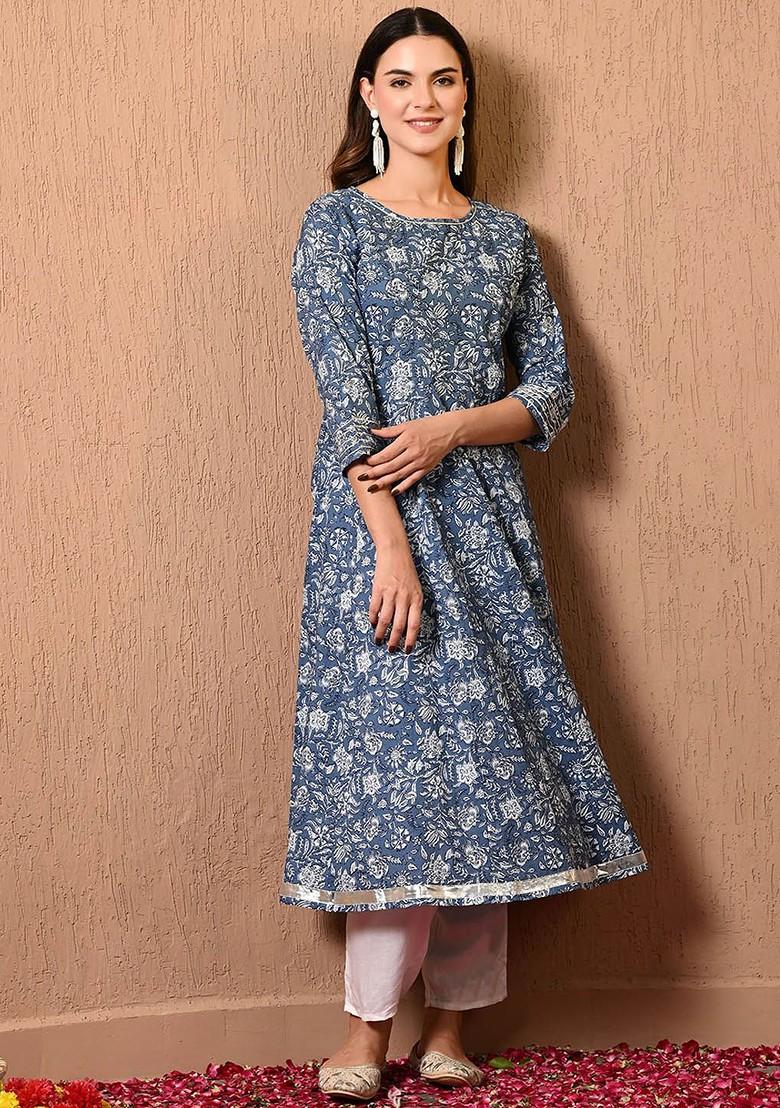 Blue Printed Blended Kurta Set - Indya