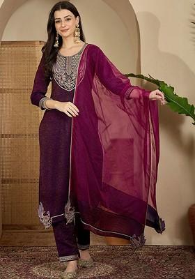 Purple Sequinned Blended Kurta Set
