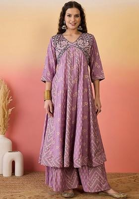 Lavender Embroidered Blended Kurta Set