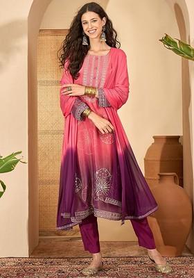 Pink Embroidered Blended Kurta Set