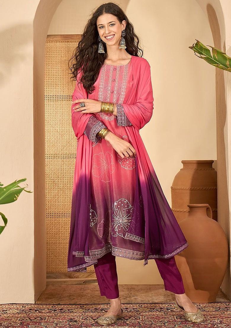 Pink Embroidered Blended Kurta Set - Indya