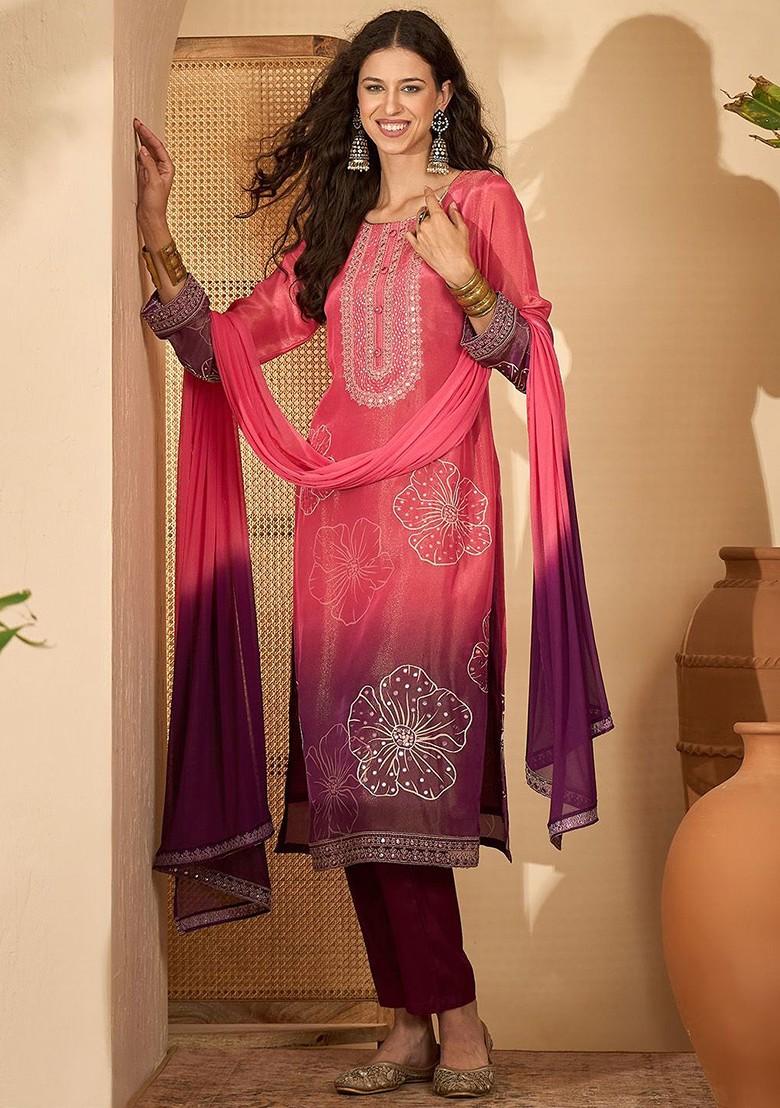 Pink Embroidered Blended Kurta Set - Indya