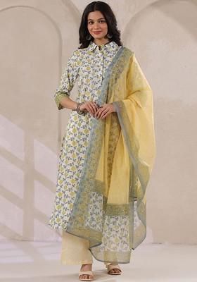 Off White Printed Blended Kurta Set