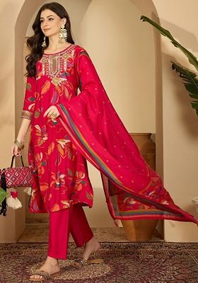Red Printed Blended Kurta Set