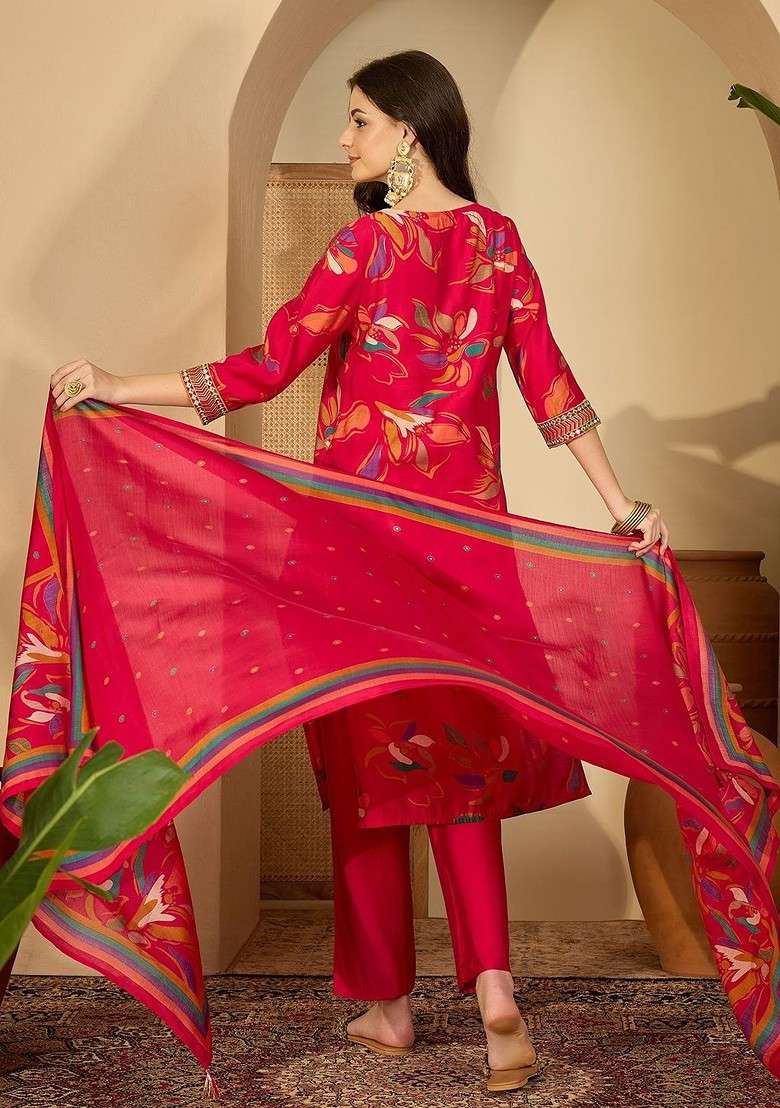 Red Printed Blended Kurta Set - Indya