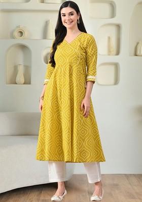 Yellow Printed Blended Kurta Set