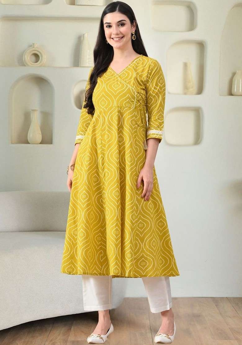 Yellow Printed Blended Kurta Set - Indya