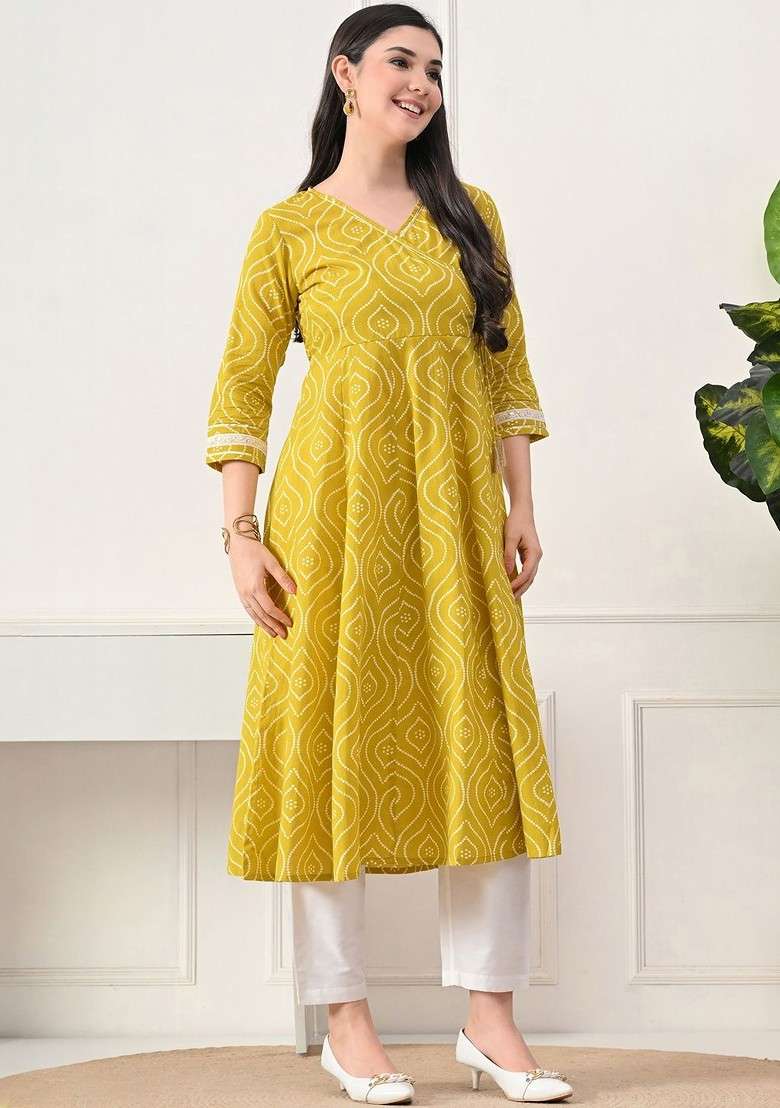 Yellow Printed Blended Kurta Set - Indya