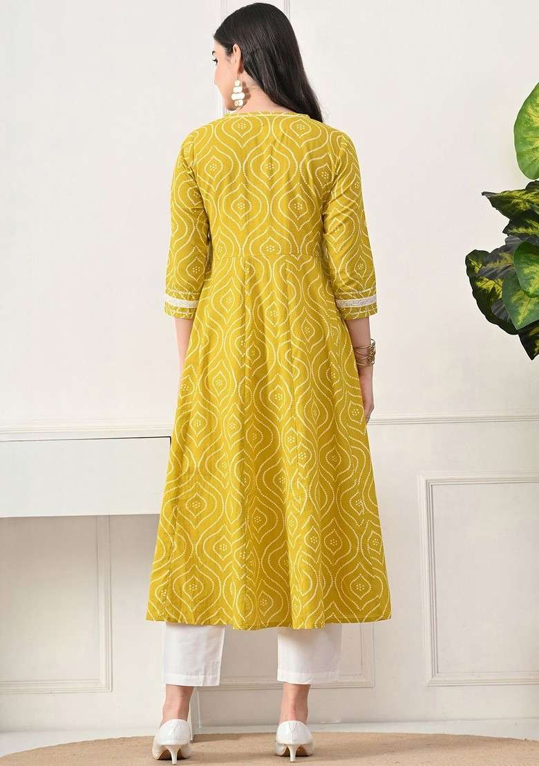 Yellow Printed Blended Kurta Set - Indya
