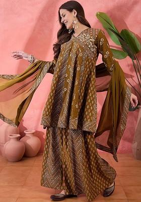 Mustard Embroidered Blended Kurta Set