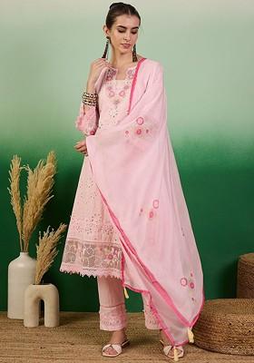 Pink Embroidered Blended Kurta Set