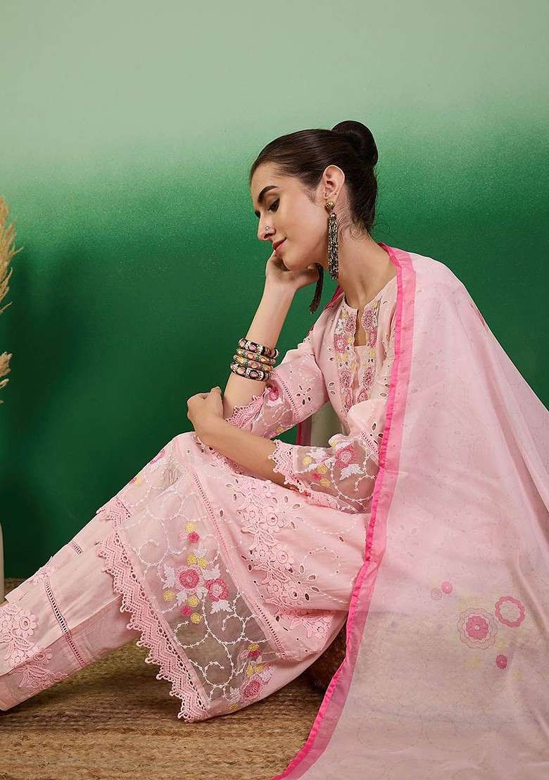 Pink Embroidered Blended Kurta Set - Indya