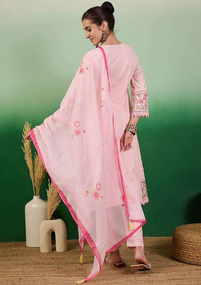 Pink Embroidered Blended Kurta Set - Indya