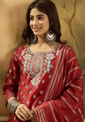 Red Embroidered Blended Kurta Set