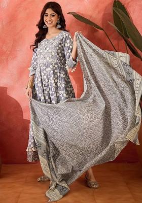 Grey Printed Blended Kurta Set