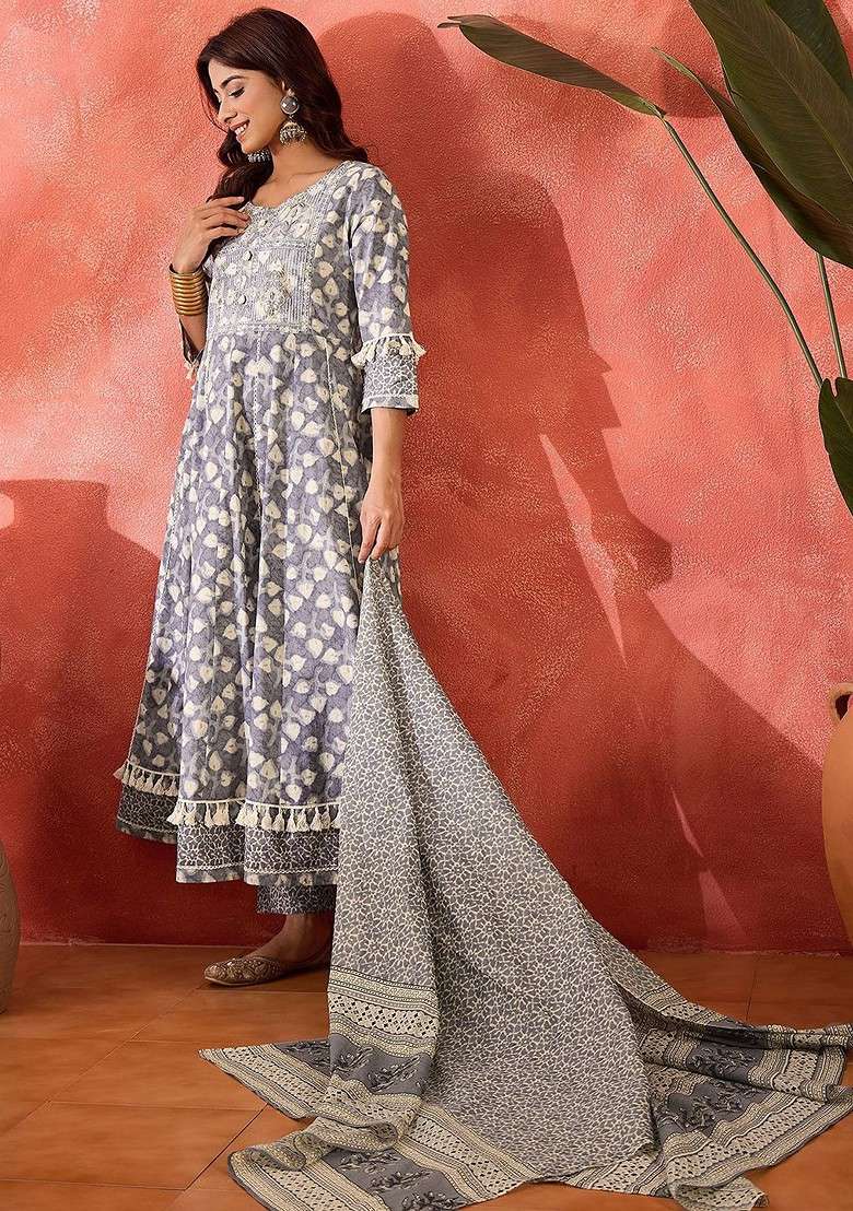Grey Printed Blended Kurta Set - Indya