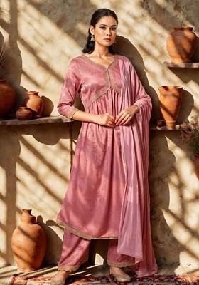 Pink Printed Blended Kurta Set