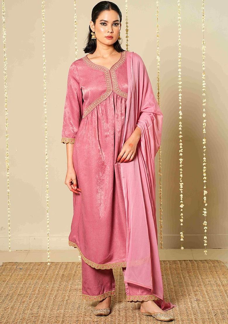 Pink Printed Blended Kurta Set - Indya
