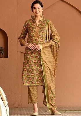 Olive Printed Blended Kurta Set