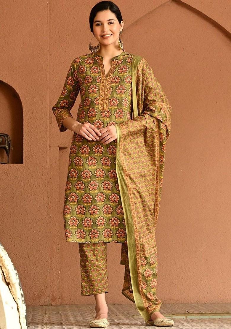 Olive Printed Blended Kurta Set - Indya