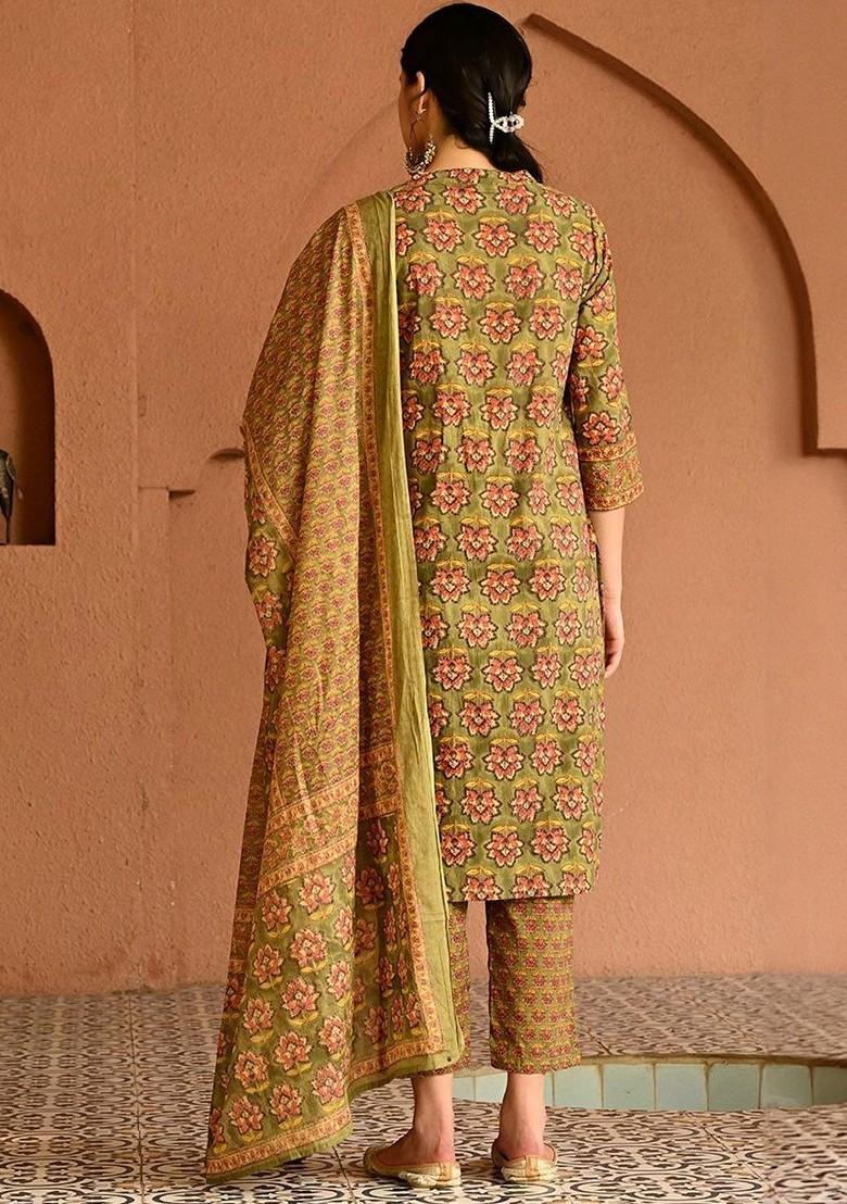 Olive Printed Blended Kurta Set - Indya